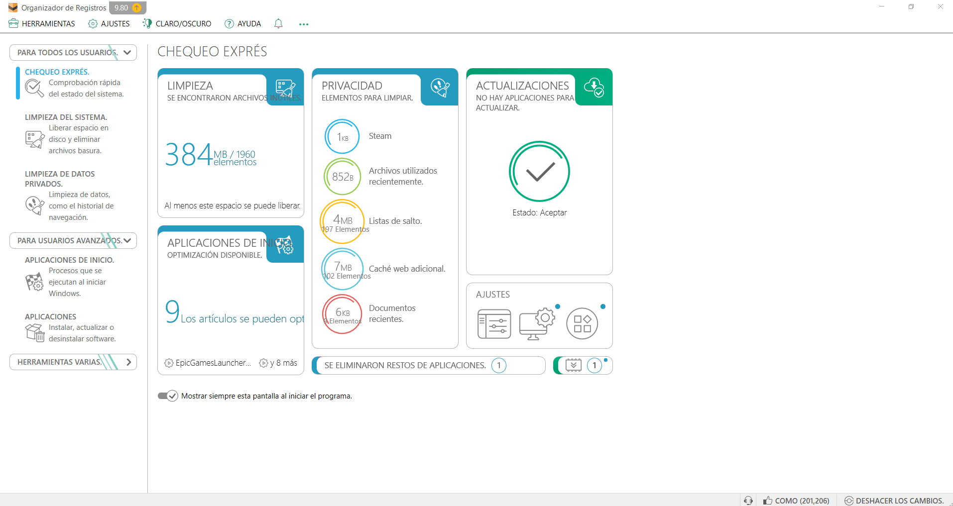 Reg Organizer 9.80: Optimiza Y Acelera Tu Sistema Operativo Reg Organizer: Interfaz Principal De Optimización Para Windows