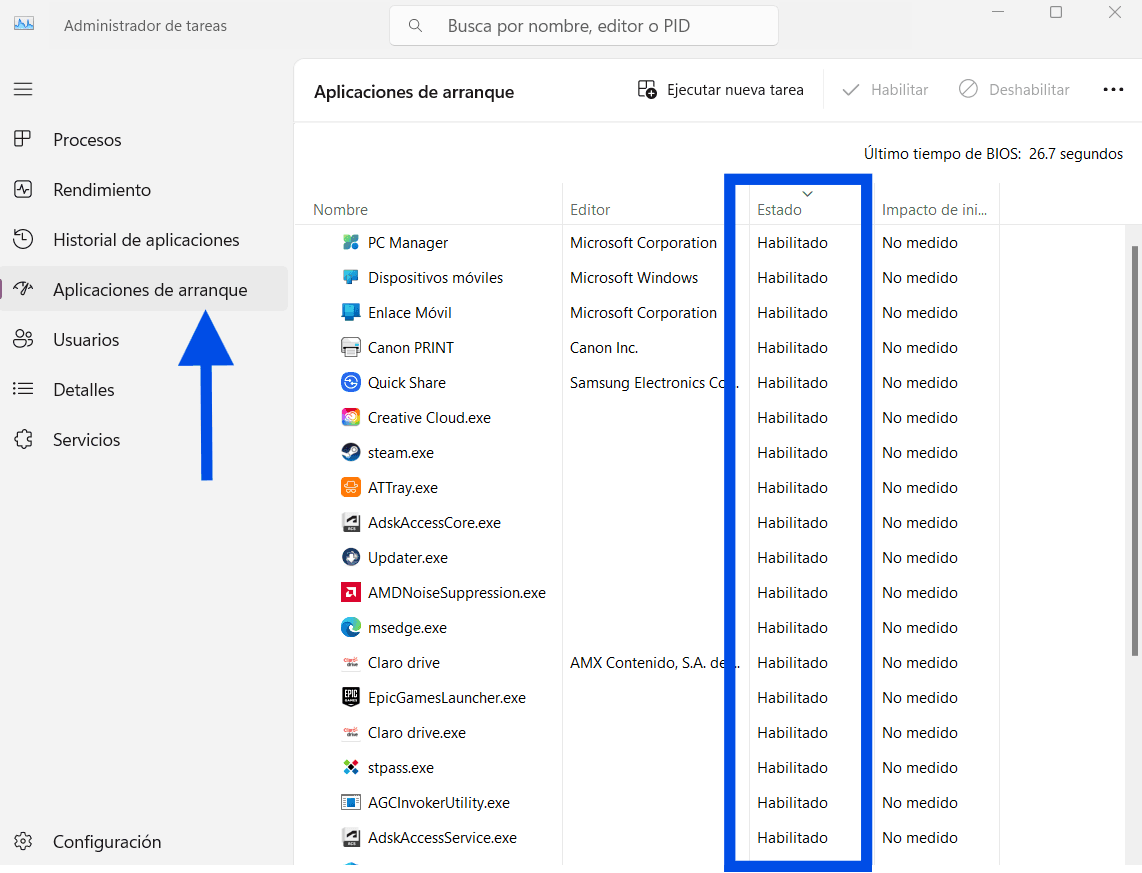 Acelerar Windows 11 Sin Programas: 12 Ajustes Que Sí Funcionan (2026) Administrador De Tareas Mostrando Aplicaciones De Inicio Deshabilitadas