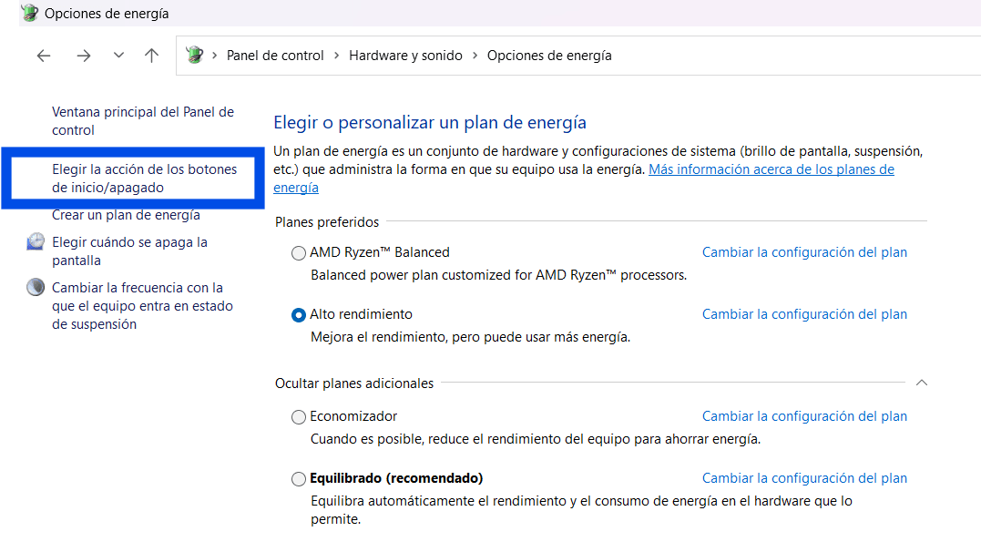 Opciones De Energía En Panel De Control