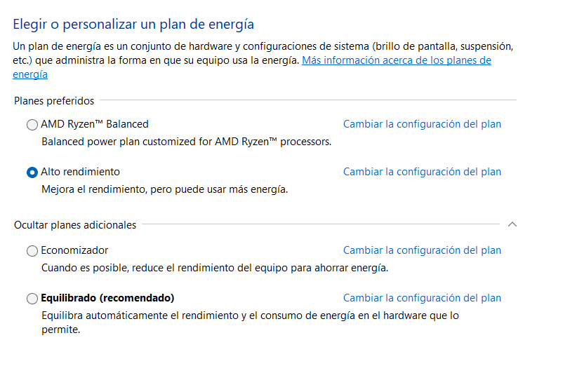 Cómo Reducir Input Lag Y Tirones En Juegos (Windows 11) Opciones De Energía En Windows Mostrando El Plan De Alto Rendimiento Seleccionado