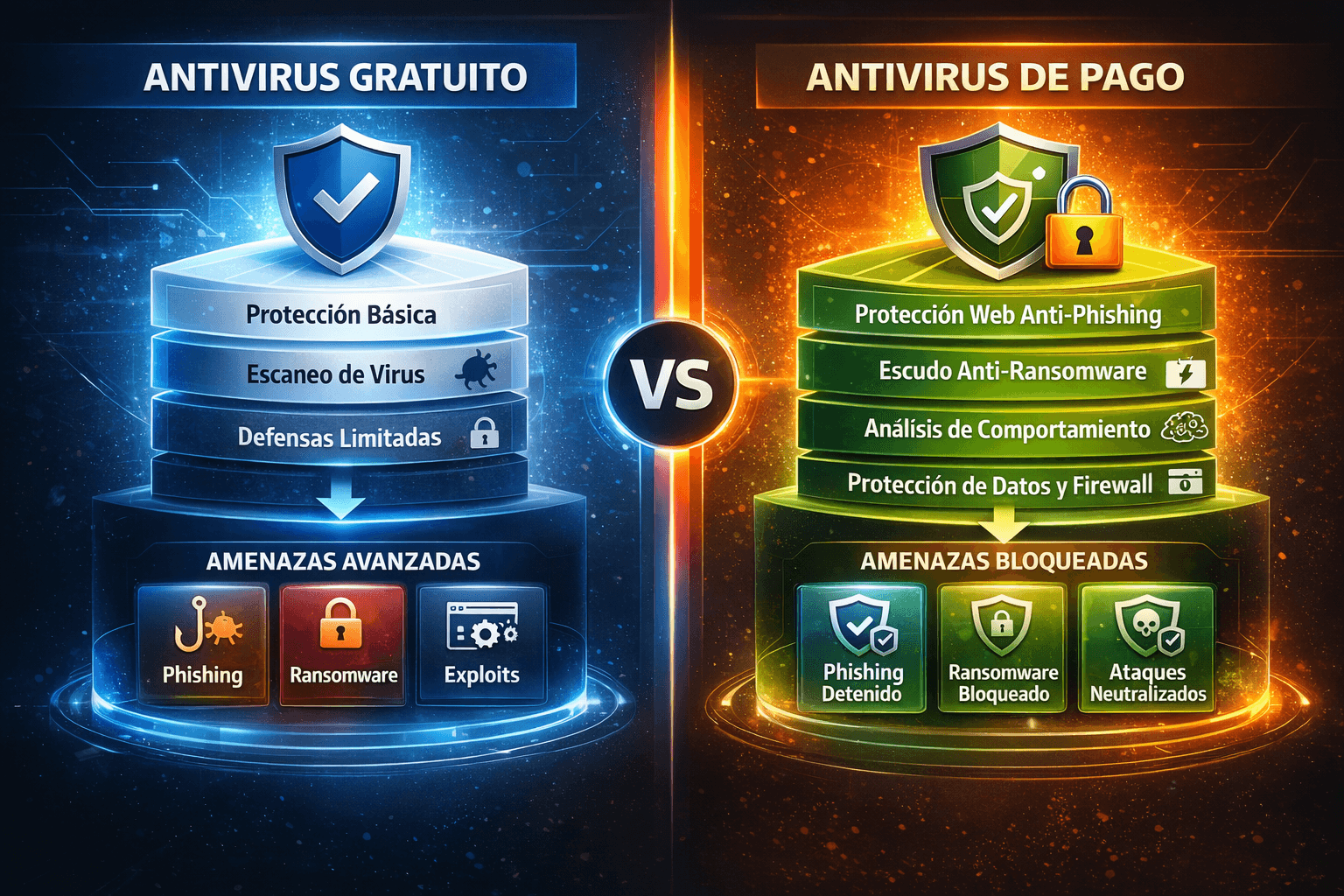 Antivirus Gratuito Vs De Pago: Lo Que Nadie Te Explica Sobre La Protección Real Comparación Visual Entre Antivirus Gratuito Y Antivirus De Pago Mostrando Capas De Protección