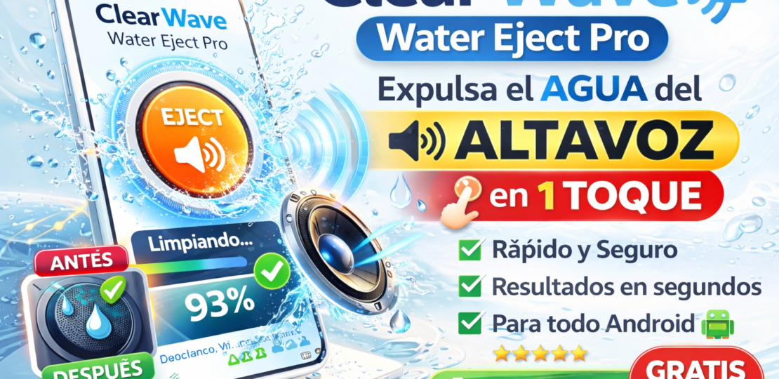 Interfaz de Clear Wave Water Eject Pro expulsando agua del altavoz en un dispositivo Android.